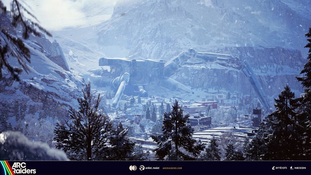 Official ARC Raiders Frozen Trail still — snowy Pendola Pass terrain with village and mountain ridgeline