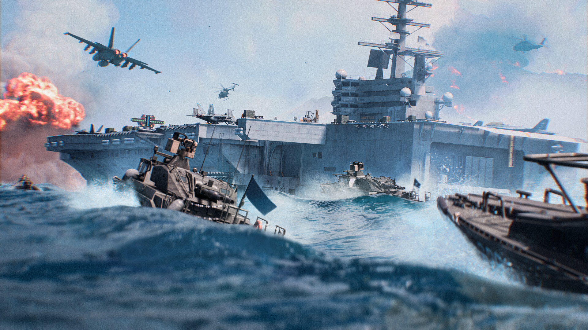 Official Battlefield 6 Steam still — RHIBs racing a carrier deck under jets and helicopters with an explosion on the horizon