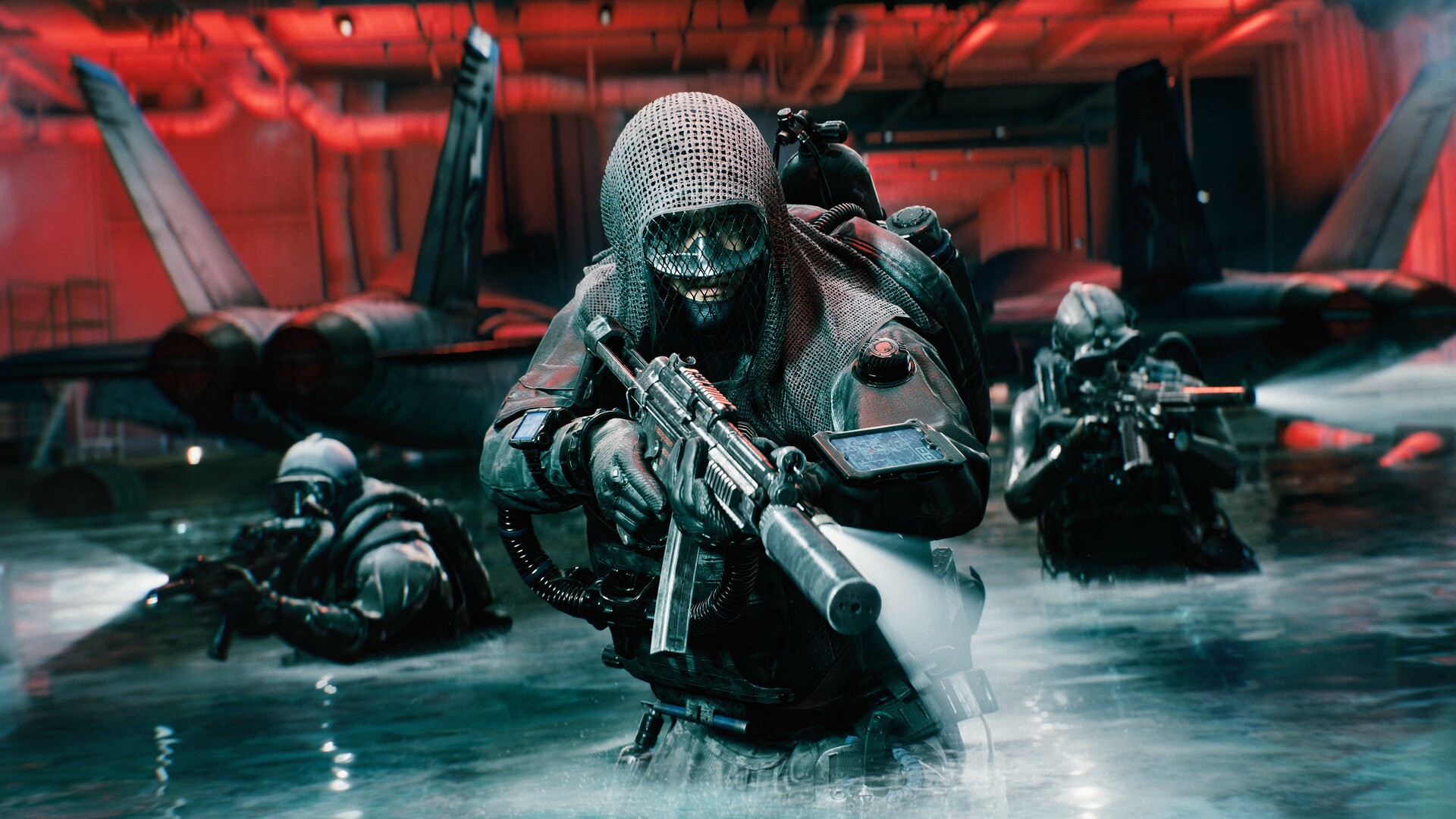 Official Battlefield 6 Steam still — combat divers wading a flooded hangar under red emergency lighting