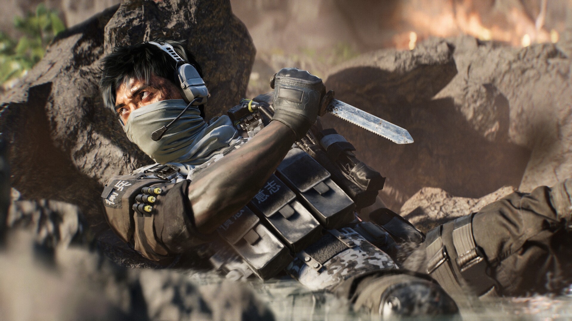 Official Battlefield 6 Steam still — operator gripping a serrated combat knife against a rocky outcrop