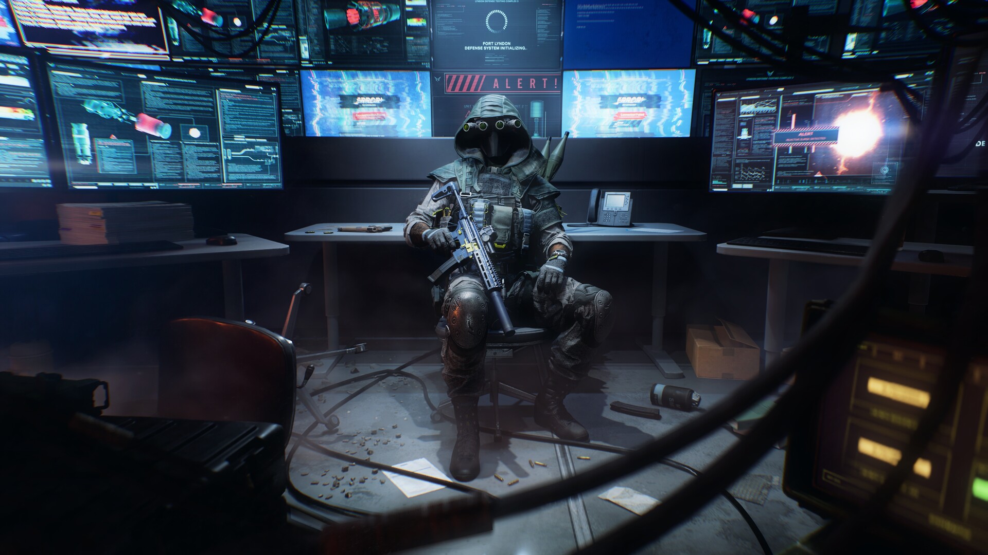 Official Battlefield 6 Steam still — operator in a dark control room as monitors read Fort Lyndon Defense System Initializing and Alert