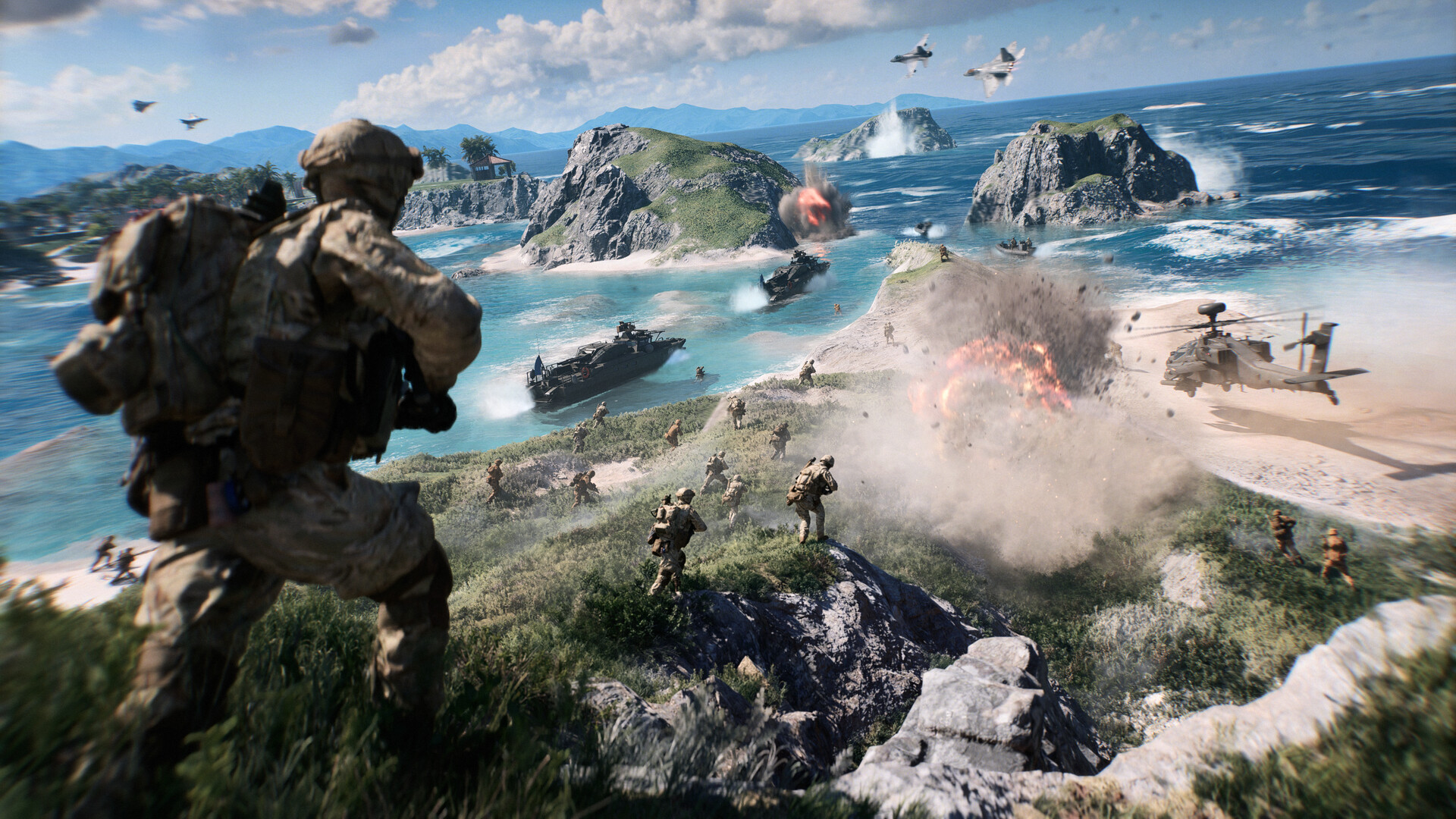 Official Battlefield 6 Steam still — infantry overlooking a tropical beach assault with patrol boats, helicopters, and jets