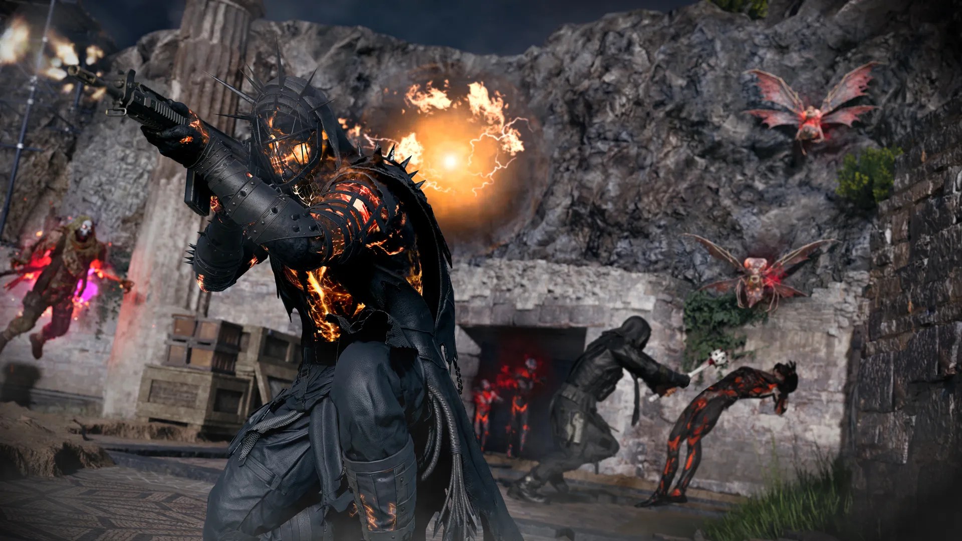 Official Avalon Night / Endgame Haunting still — spiked-hood operator with molten armor amid demonic winged foes and red-eyed figures