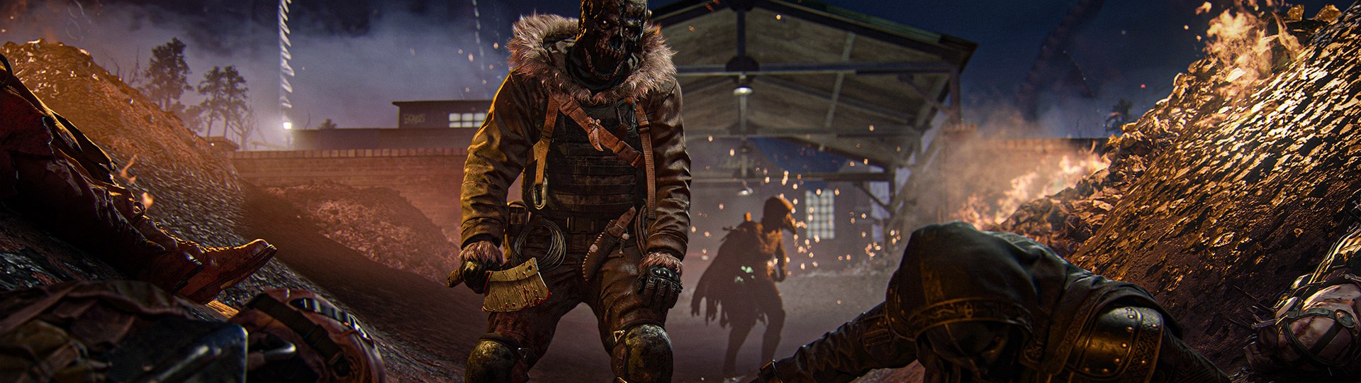 Official Haunting still — skull-masked operator in fur-trimmed parka with bloodied cleaver over fallen foes in a fiery night battlefield