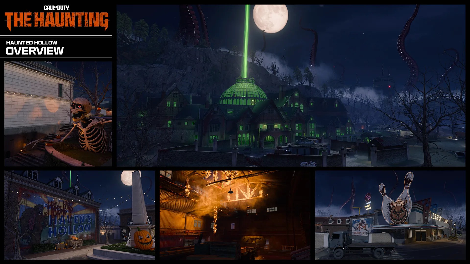 Haunted Hollow Overview collage — gothic manor with green sky beam, Haven’s Hollow mural, Liberty Lanes pumpkin sign, and cosmic tentacles