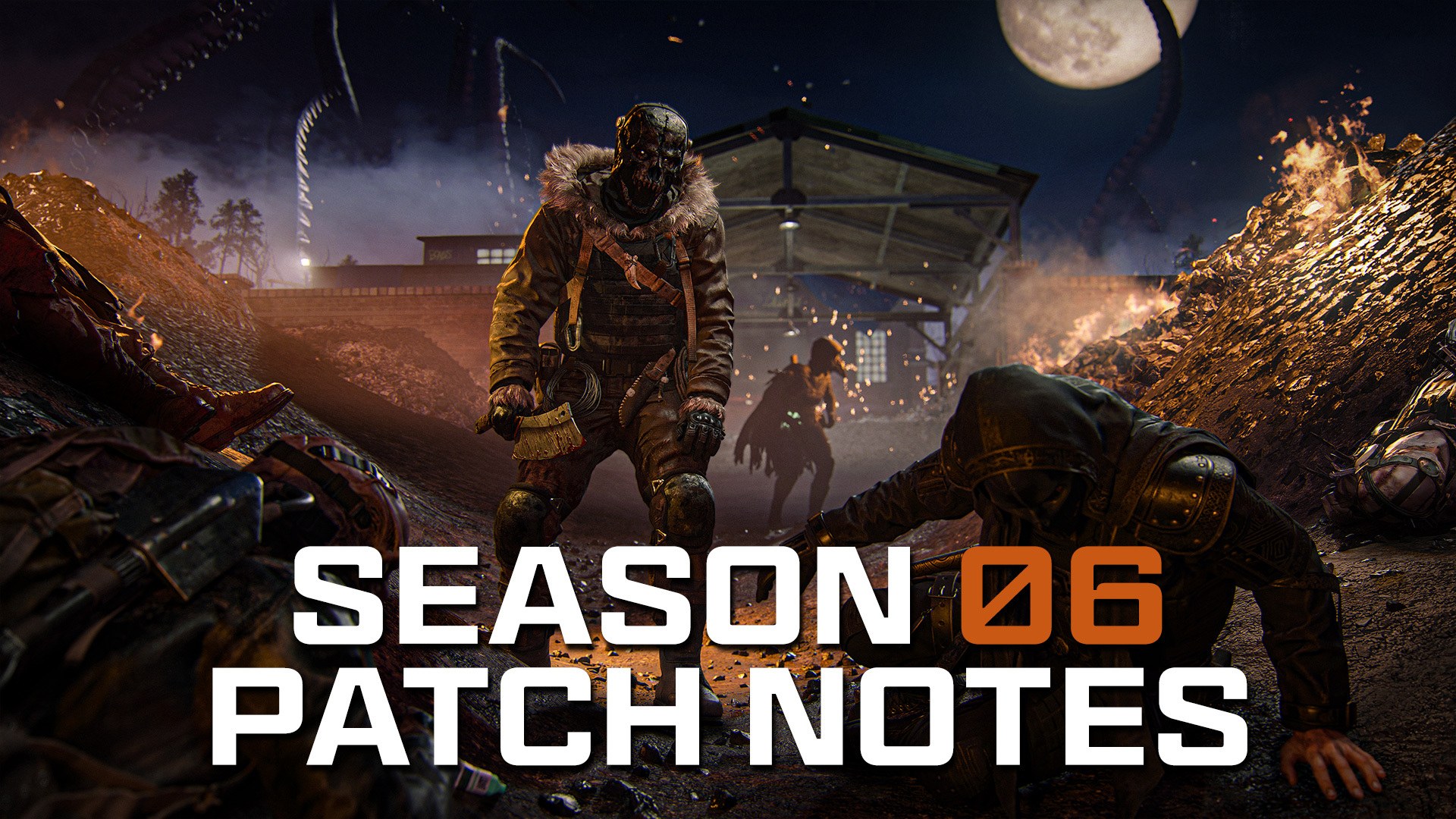 Official Warzone Season 06 Patch Notes key art — skull-masked operator with cleaver amid tentacles and fire under a full moon