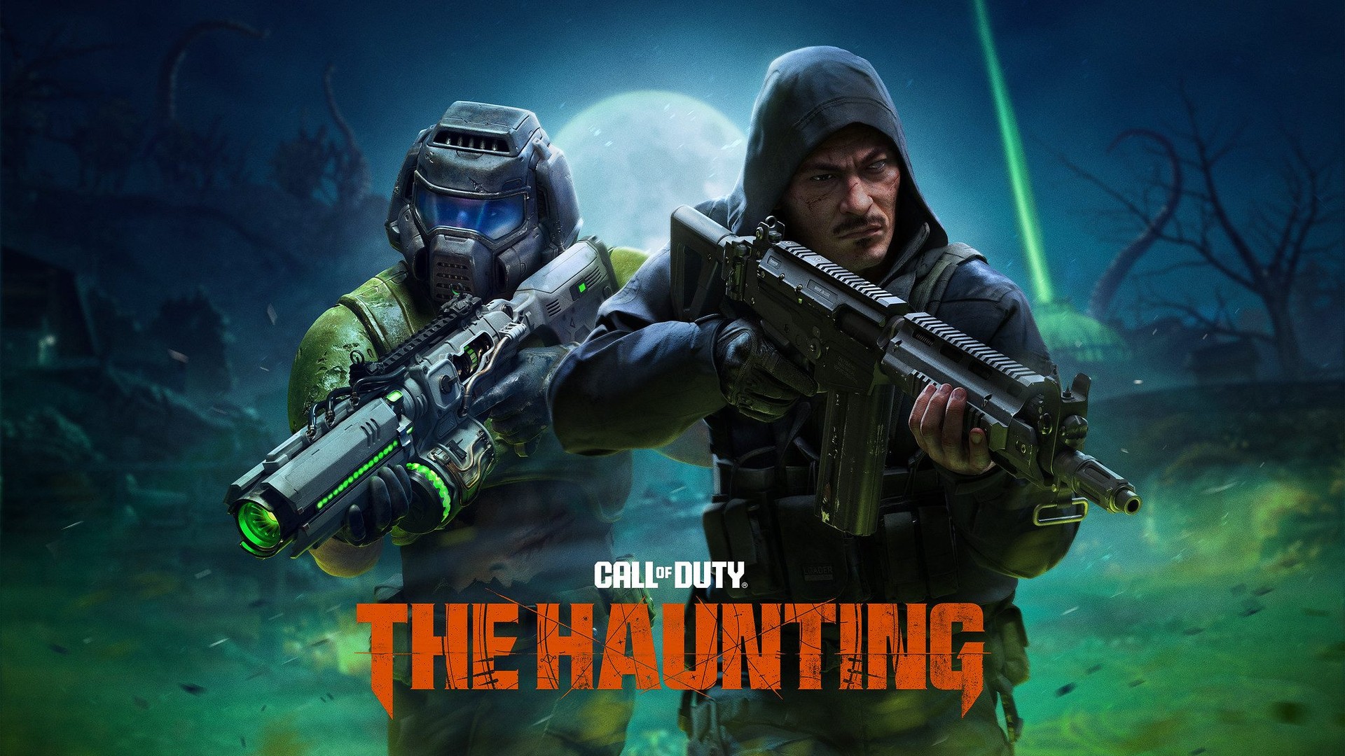 Official Call of Duty The Haunting key art — Doom Slayer and a hooded operator with weapons under a full moon and green energy beam