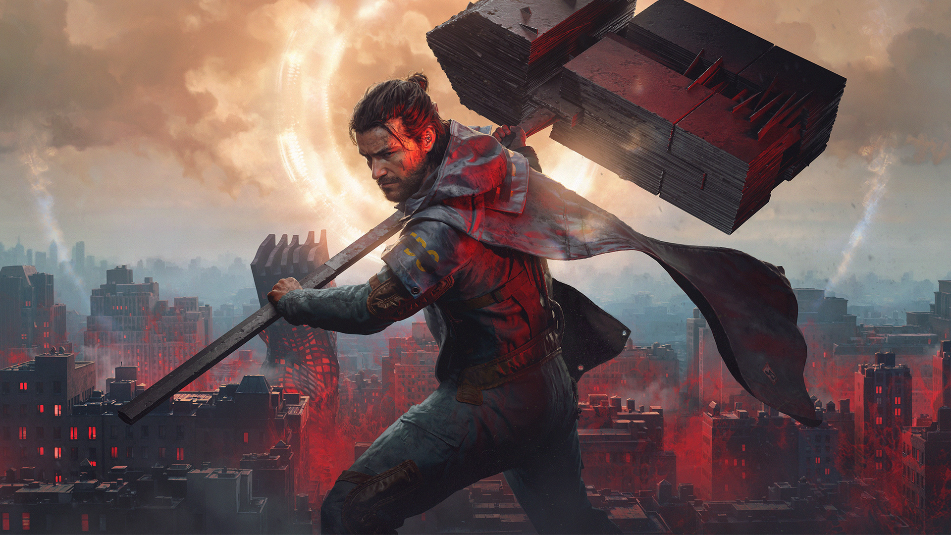 Official CONTROL Resonant still — Dylan Faden with the Aberrant hammer over his shoulder before a red-lit Manhattan skyline and glowing ring in the sky