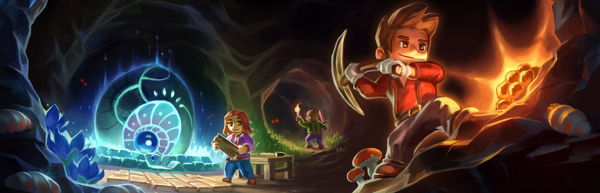 Official Core Keeper Steam library hero — pixel underground cavern with glowing cores and explorers