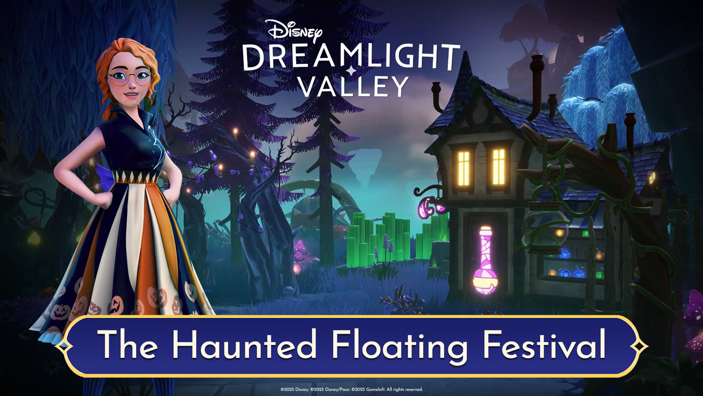 Official Disney Dreamlight Valley Haunted Floating Festival banner — pumpkin dress avatar beside a lantern-lit festival shop