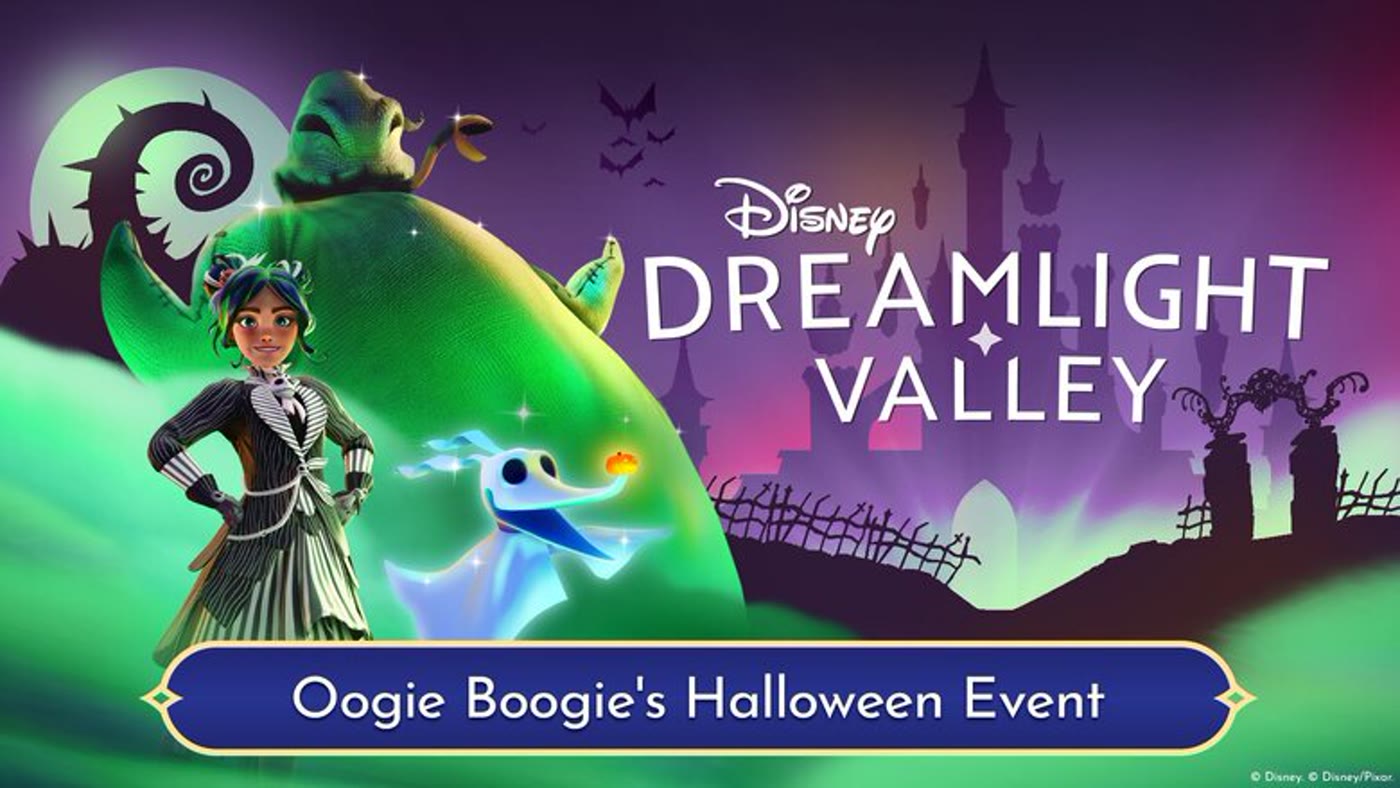 Official Season of Scares still — player avatar with Zero and Oogie Boogie under Spiral Hill for Oogie Boogie’s Halloween Event