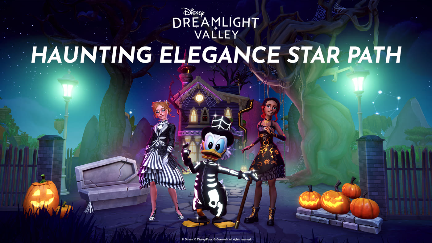 Official Disney Dreamlight Valley Haunting Elegance Star Path banner — Halloween Valley night with skeleton Donald and gothic player outfits