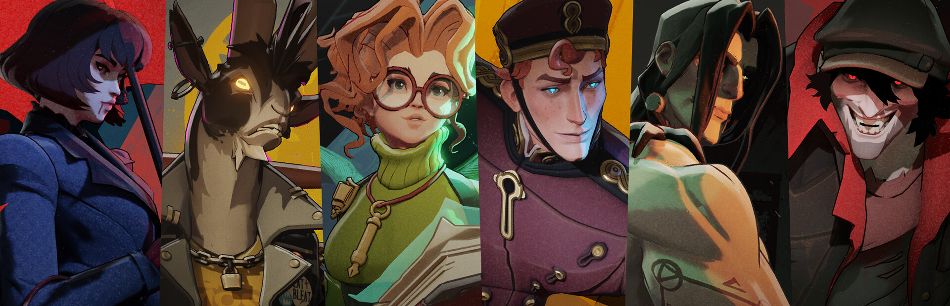 Official Deadlock Steam library hero — neon city skyline and hero silhouettes from Valve’s hybrid shooter