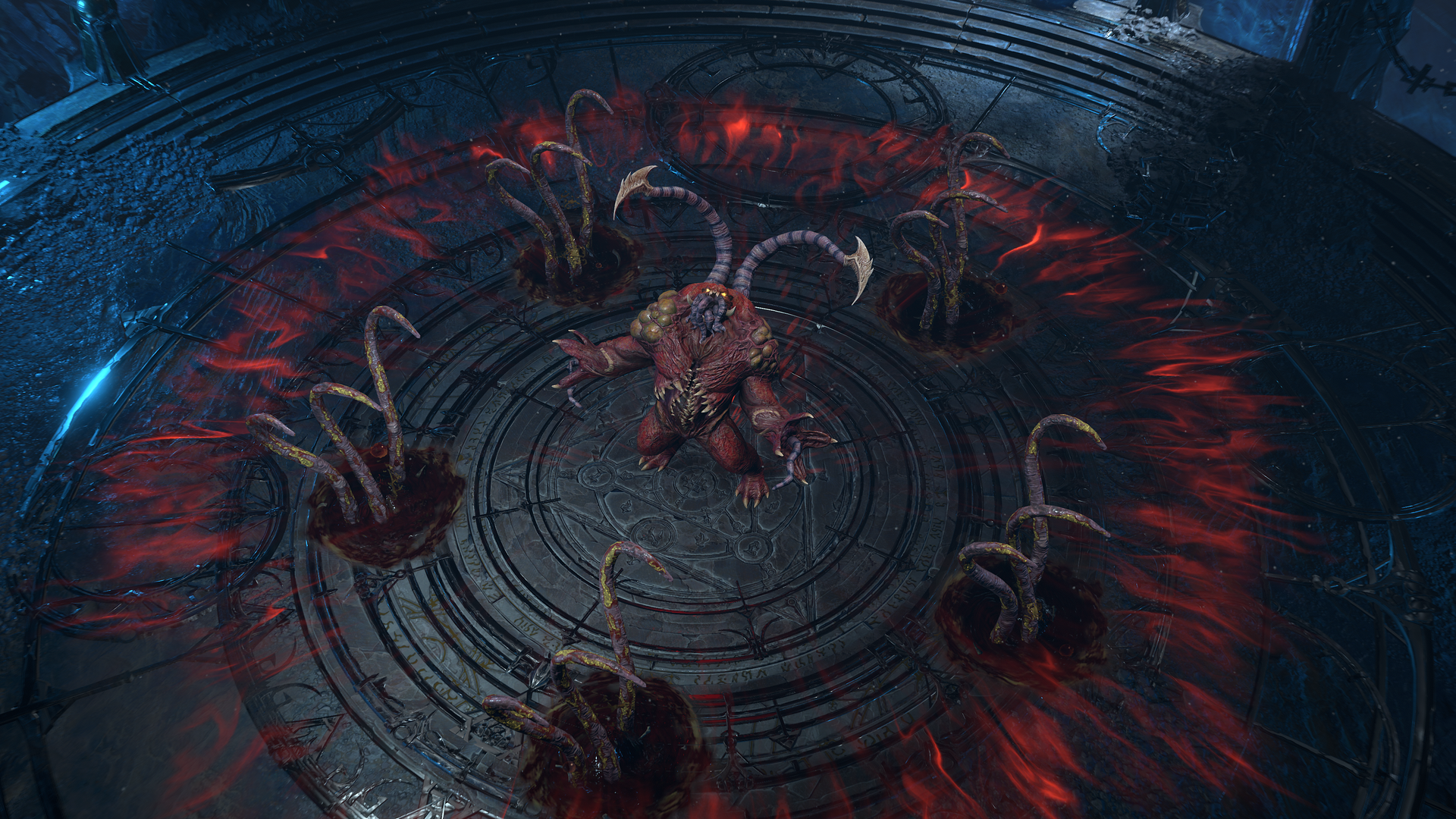 Diablo IV Season of Hell’s Legacy press still — a red demonic boss in a circular stone arena ringed by tentacles and crimson energy