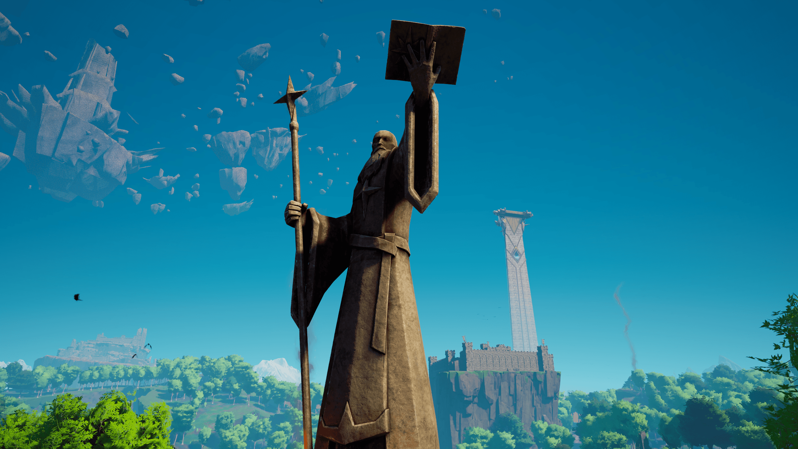 Official Dragonwilds vista — stone sage statue with tome and staff before floating islands and a cliffside castle