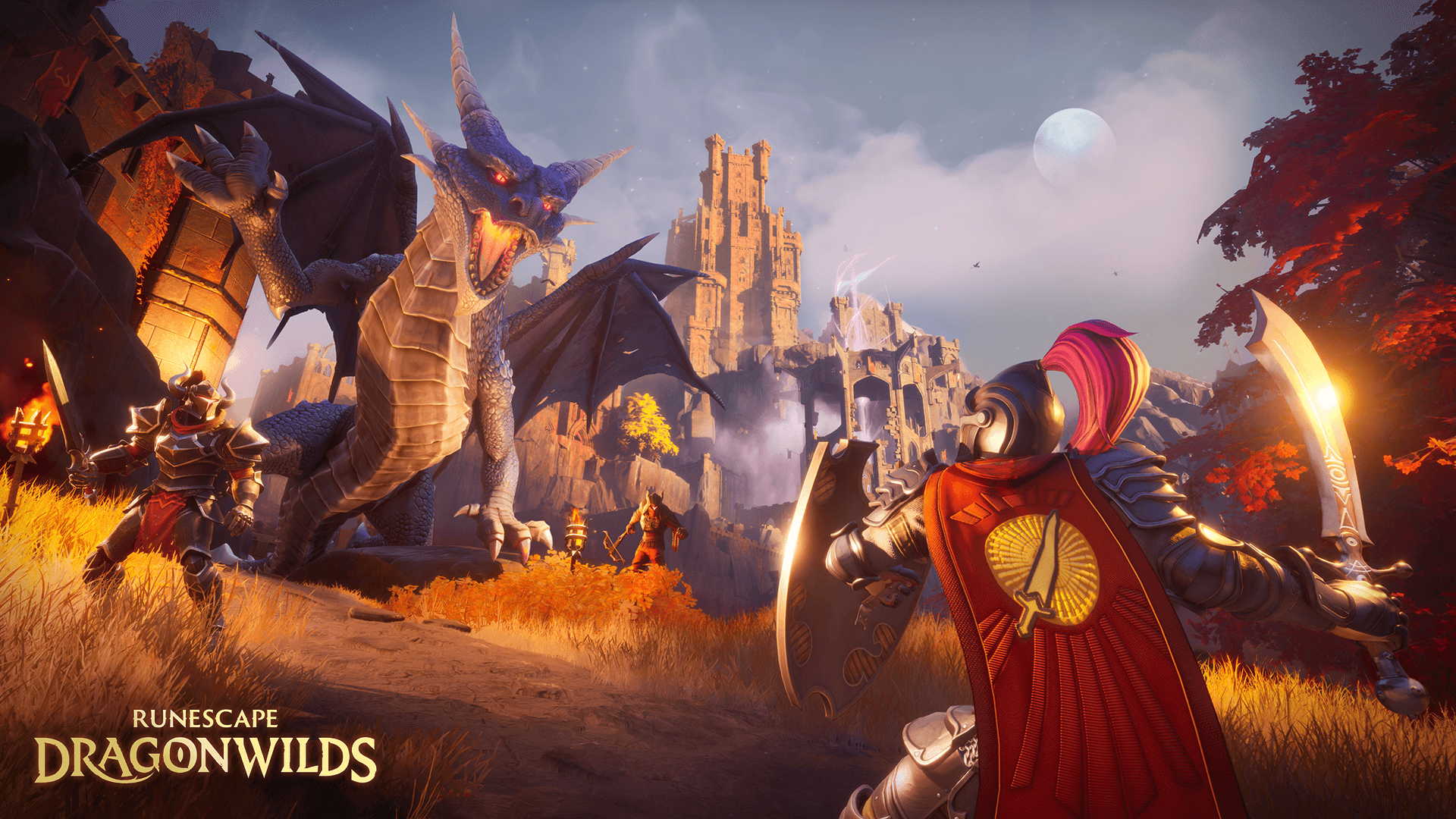 Official Dragonwilds art — party confronting a roaring dragon before a cliffside fortress