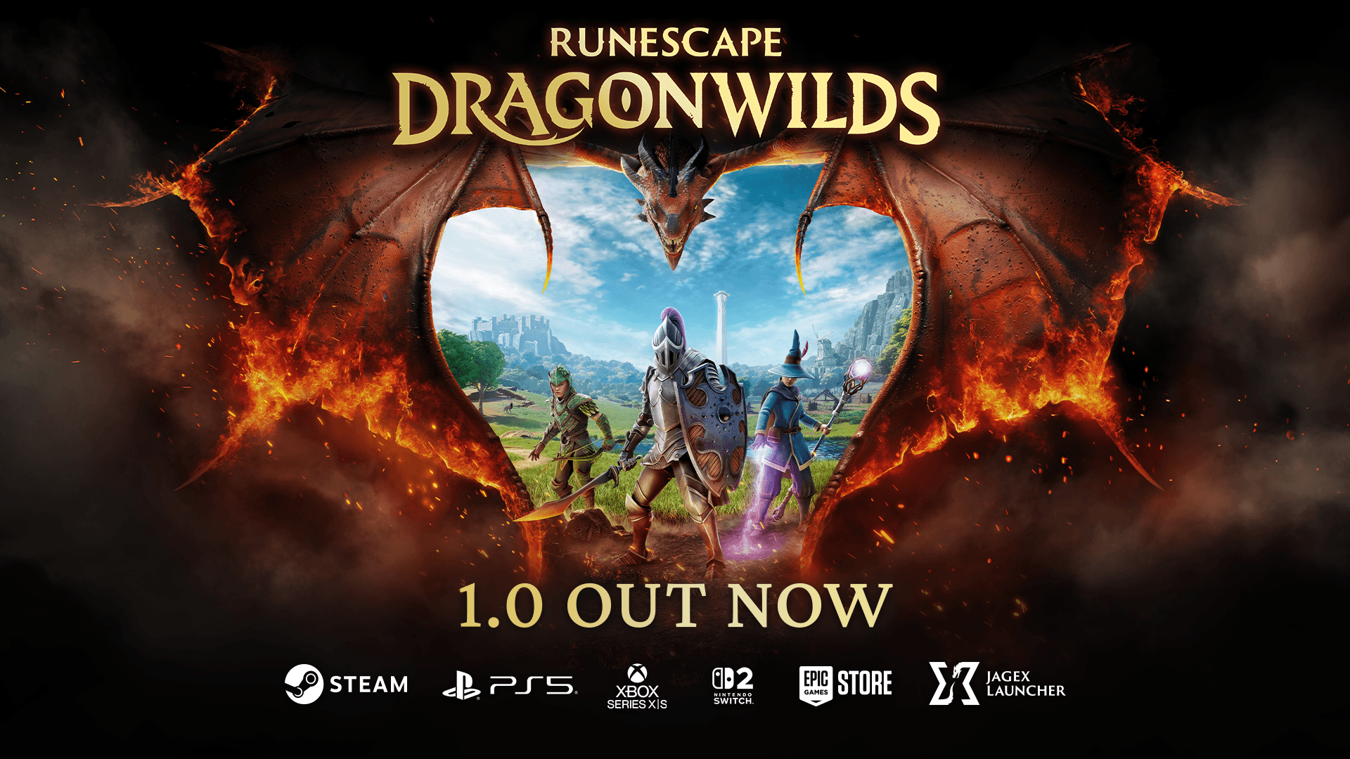 Official Dragonwilds 1.0 Out Now art with Steam, PlayStation, Xbox, Switch, Epic, and Jagex Launcher logos