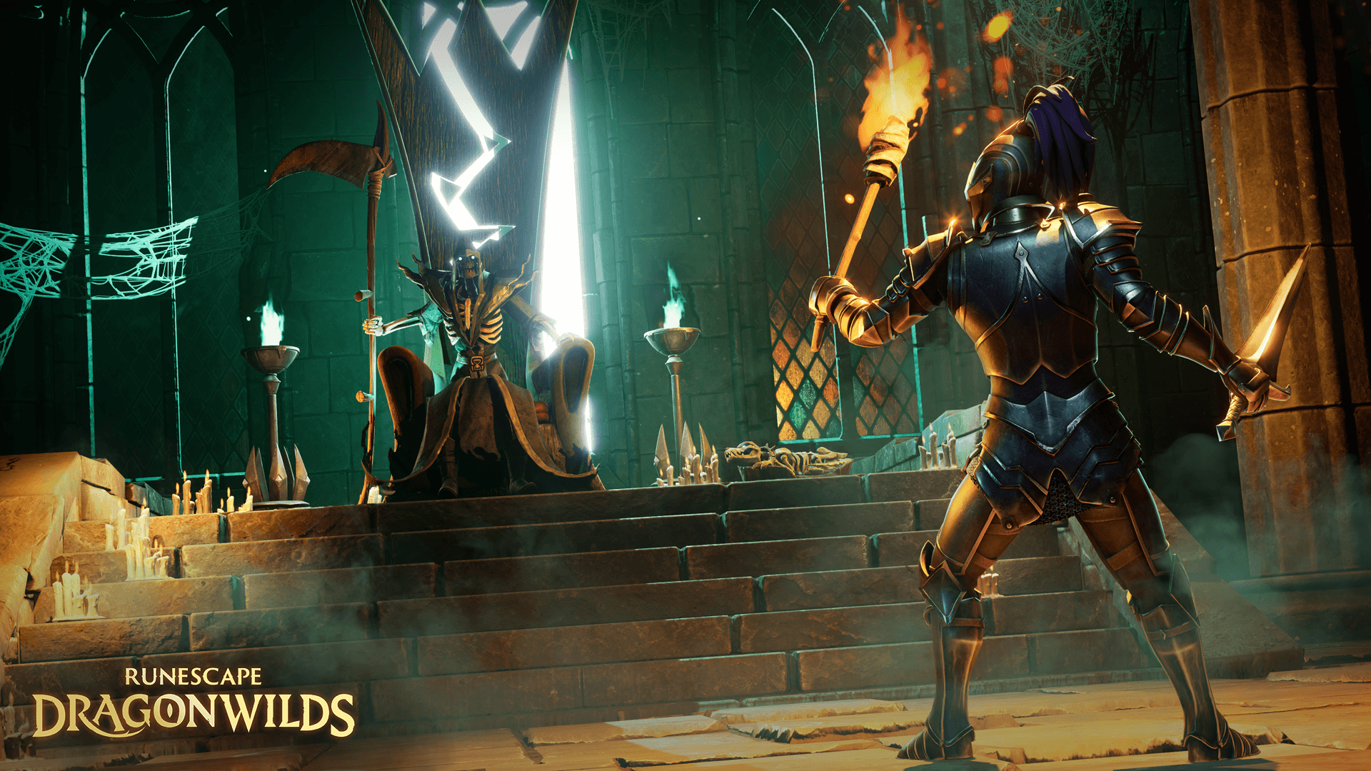 Official Dragonwilds still — armored adventurer with torch facing a skeletal throne figure in a green-lit chamber
