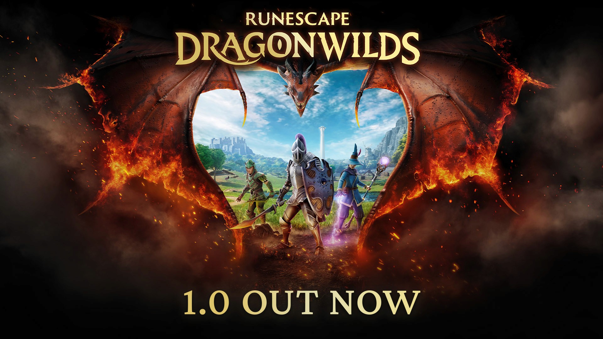 Official RuneScape: Dragonwilds 1.0 key art — knight, archer, and mage framed by a flaming dragon’s wings over Ashenfall