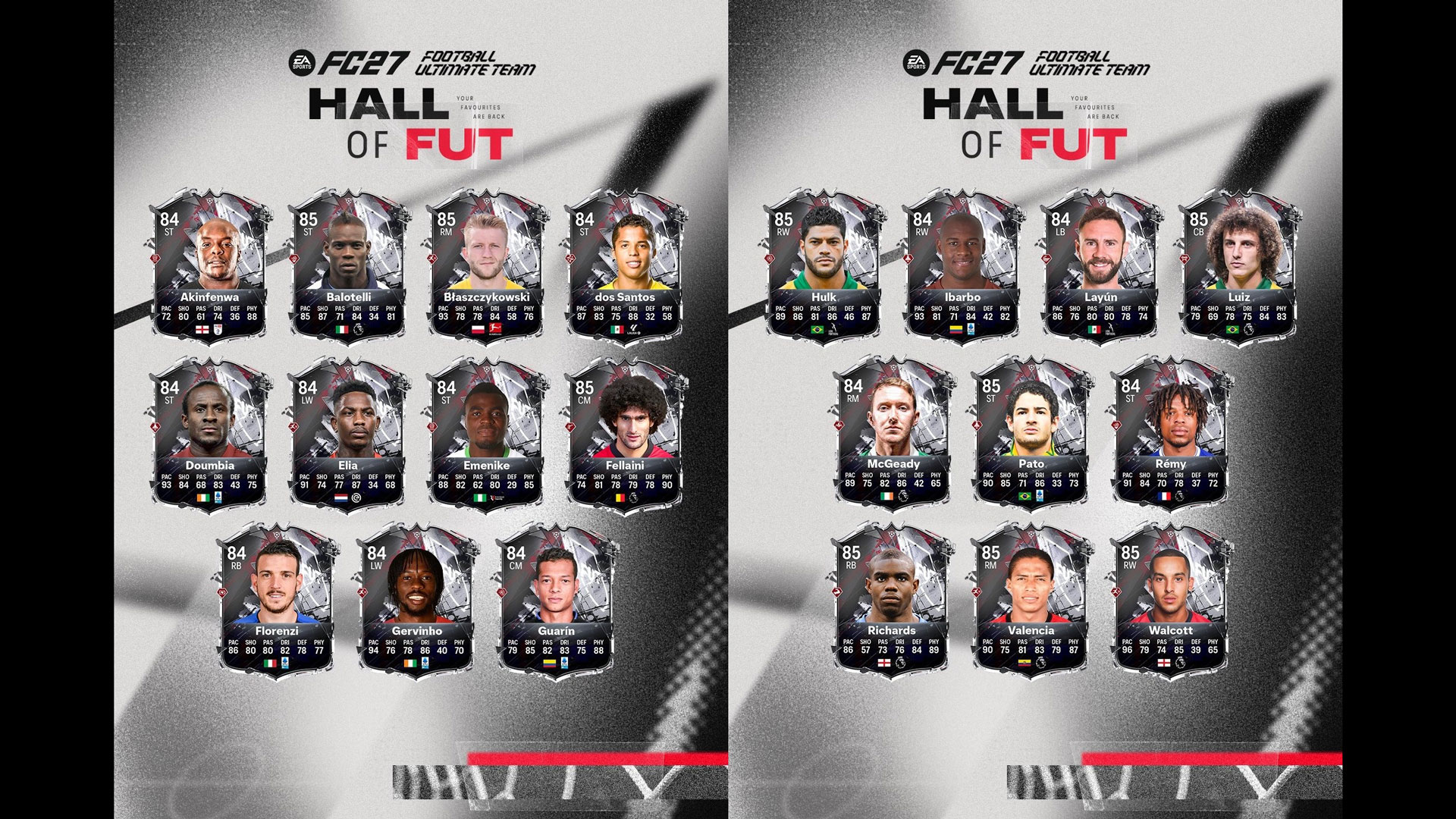 EA Sports FC 27 Hall of FUT promo graphic with a slate of throwback Base Hall of FUT player cards