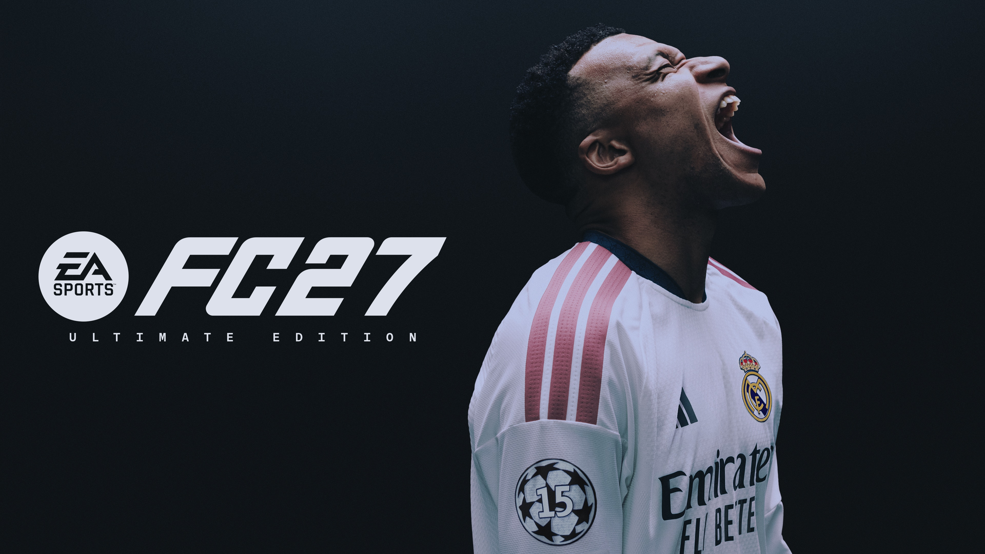 Official EA Sports FC 27 Ultimate Edition key art — Kylian Mbappé in a Real Madrid kit shouting in celebration beside the FC 27 logo