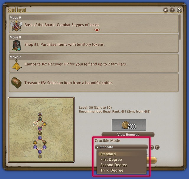 Official FFXIV Crucible Board Layout UI — move list, parchment path, and Crucible Mode dropdown showing Standard through Third Degree