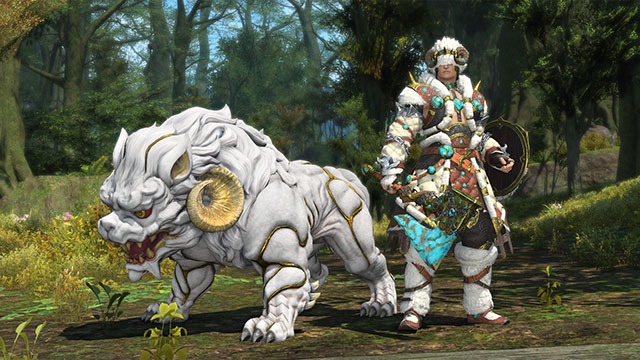 Official FFXIV still — Beastmaster with axe and shield beside a white horned familiar in woodland