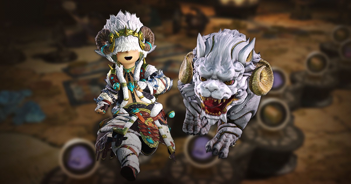 Official FFXIV Crucible of the Unbroken key art — Beastmaster and horned familiar over a parchment board path