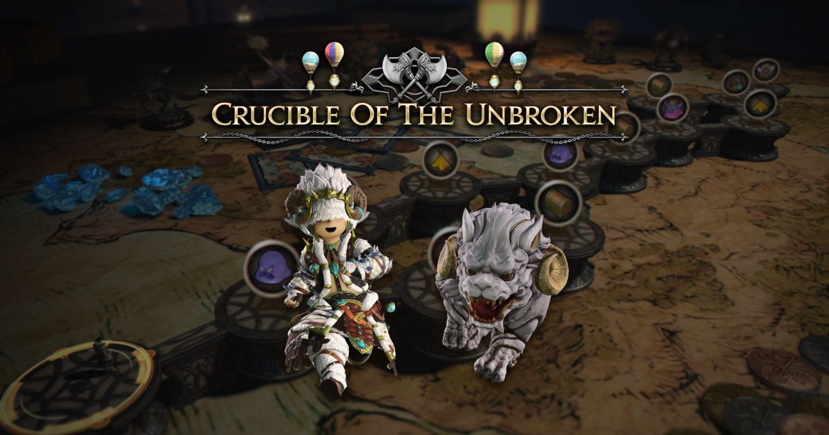 Official FFXIV Crucible of the Unbroken promotional banner with Beastmaster, familiar, and board path icons