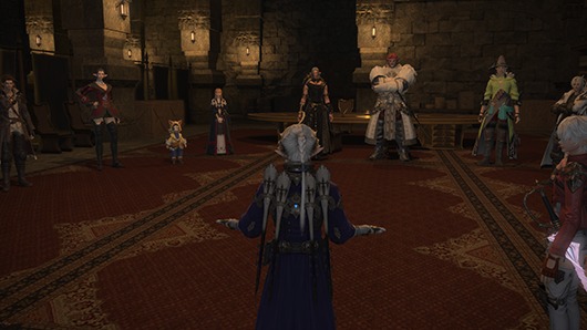 Official FFXIV Patch 7.56 still — Scions assembled in the Rising Stones for the Winter’s Dream main scenario beat