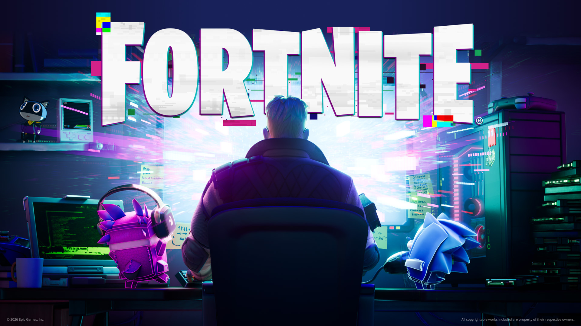 Official Fortnite Override art — looper at a glowing hacker desk with neon Sprites and glitch light