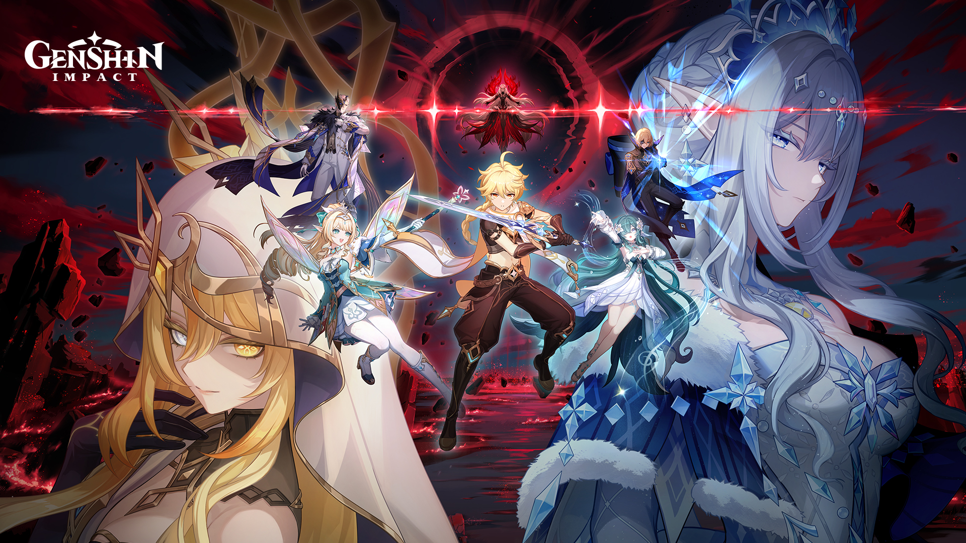 Official Genshin Impact Version 7.1 key art — Traveler mid-strike before a crimson underworld rift, flanked by icy and golden profile figures amid floating debris