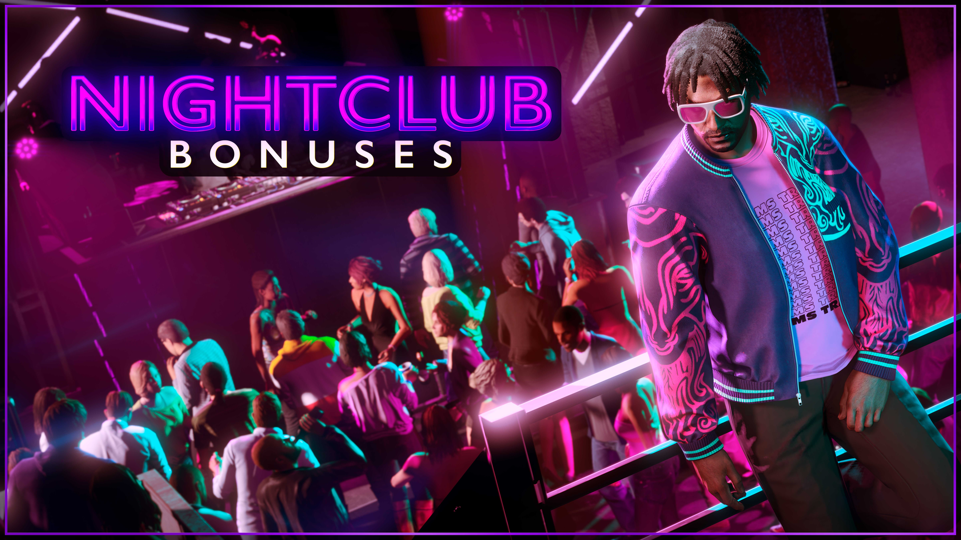 Official Rockstar still — GTA Online Nightclub Bonuses art with a club owner on a balcony overlooking a neon pink-and-purple dance floor