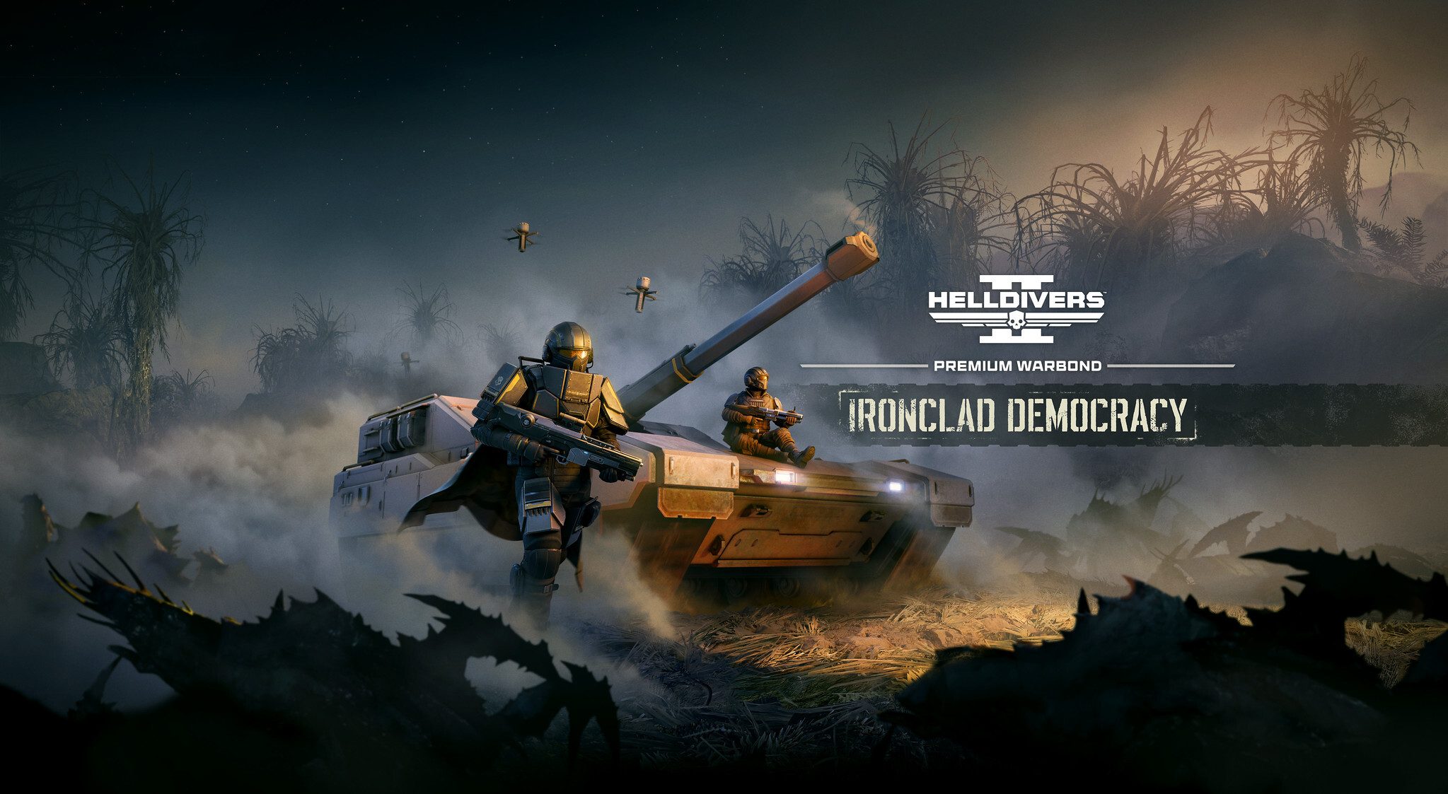 Official Ironclad Democracy still — Helldivers in heavy armor advancing with vehicle support
