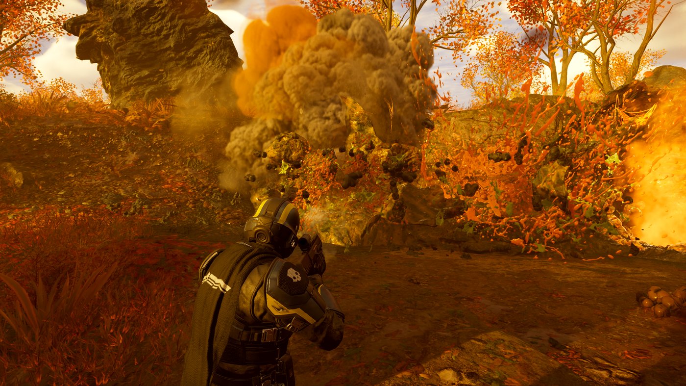 Official Helldivers 2 still — Helldiver firing the AR/GL-21 One-Two with underbarrel grenade launcher