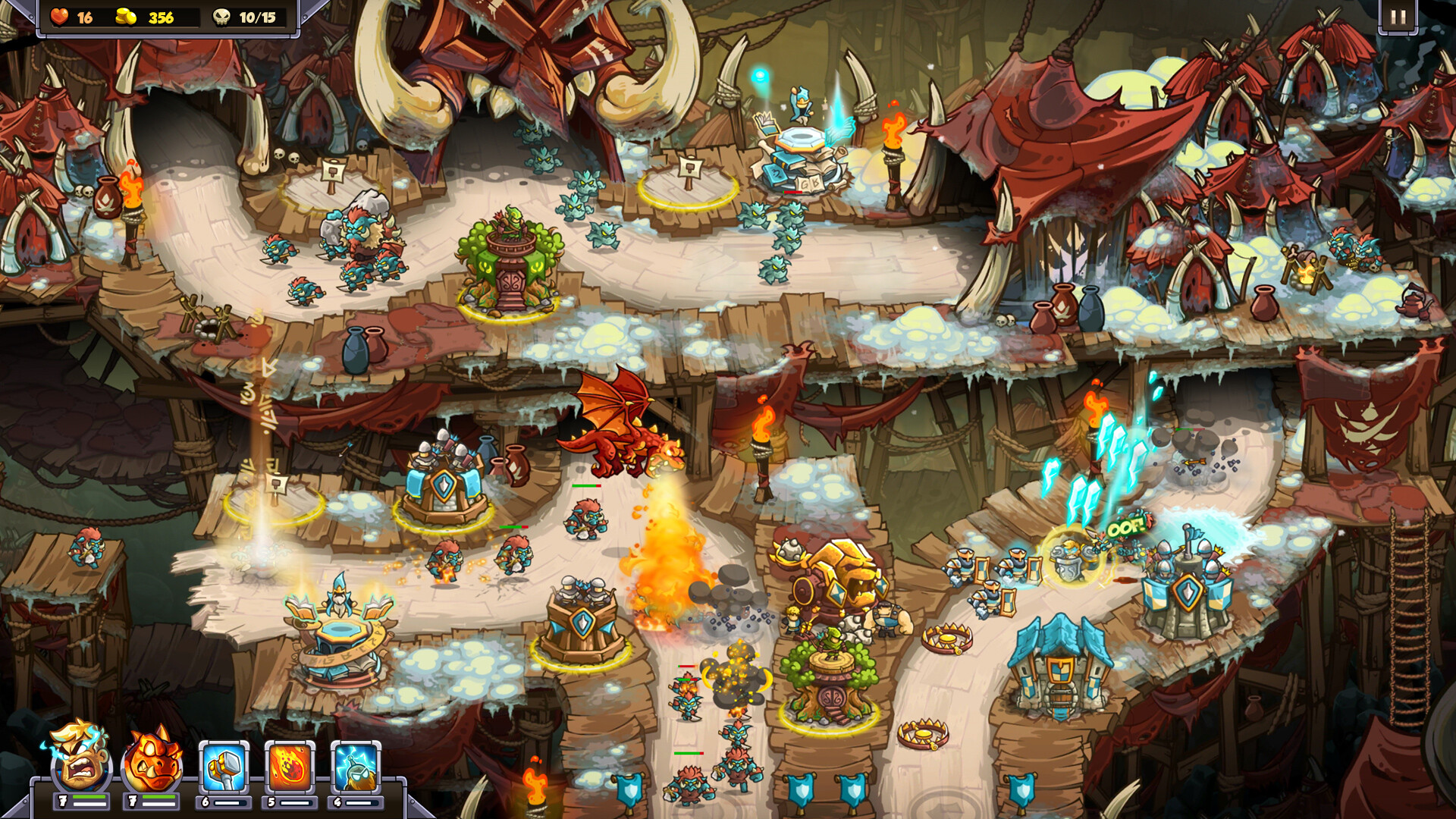 Official Kingdom Rush 6: Genesis Steam still — tribal wooden scaffolds with a red dragon hero breathing fire on converging paths