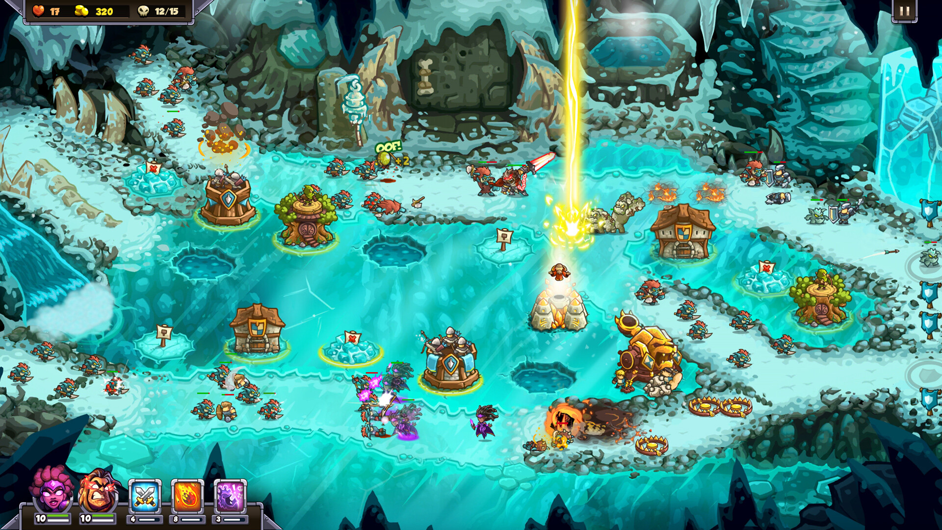 Official Kingdom Rush 6: Genesis Steam still — icy cavern stage with dual heroes, towers, and a yellow ability beam