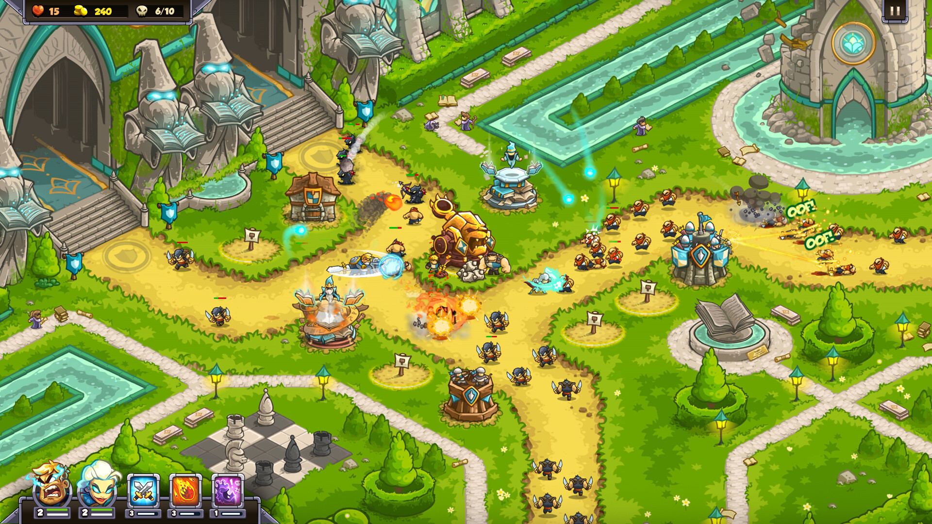 Official Kingdom Rush 6: Genesis Steam still — garden Citadel stage with dual heroes, towers, and goblin waves on winding paths