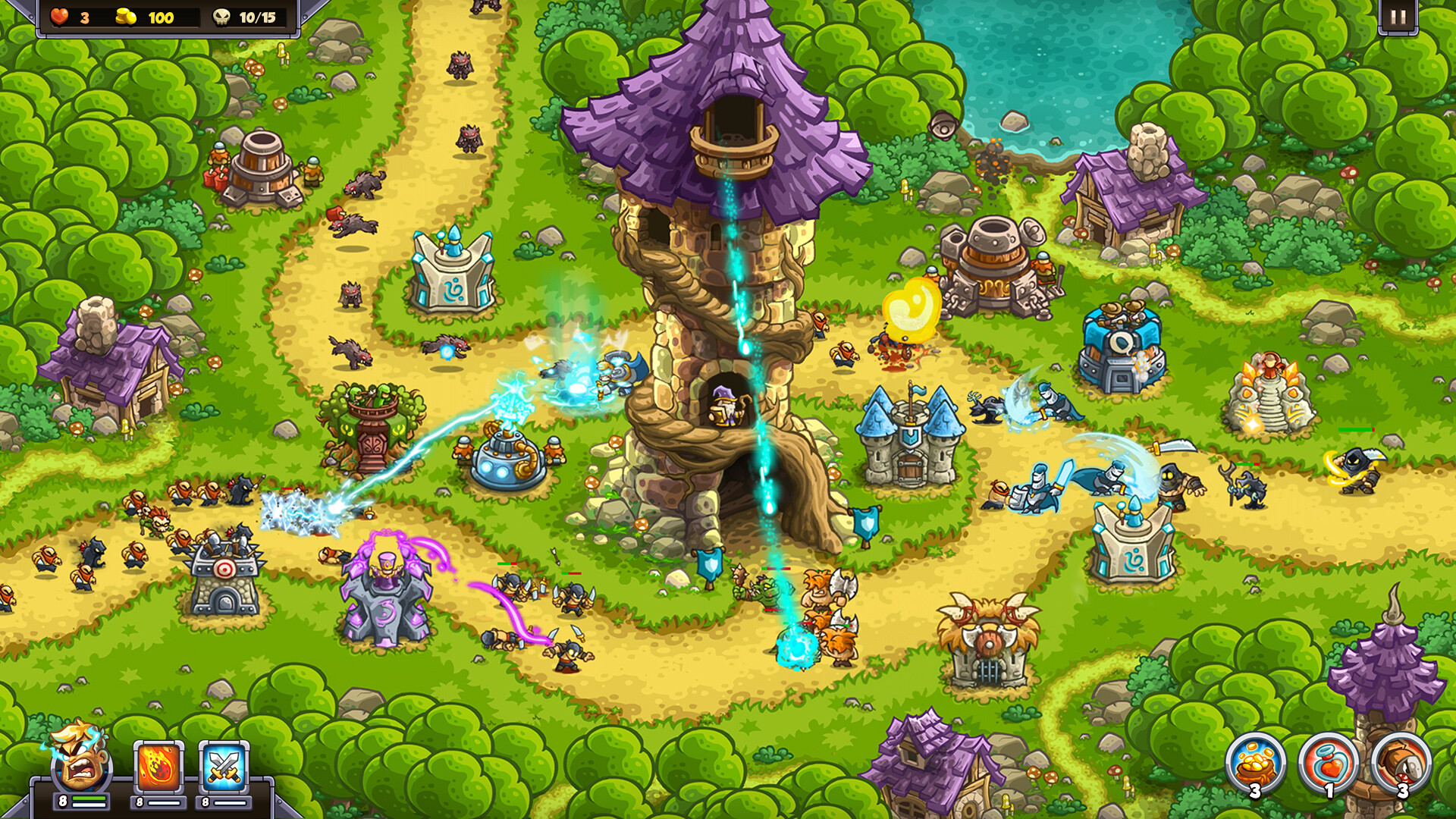 Official Kingdom Rush 6: Genesis Steam still — green valley stage with a purple wizard-hat mage tower firing a blue beam