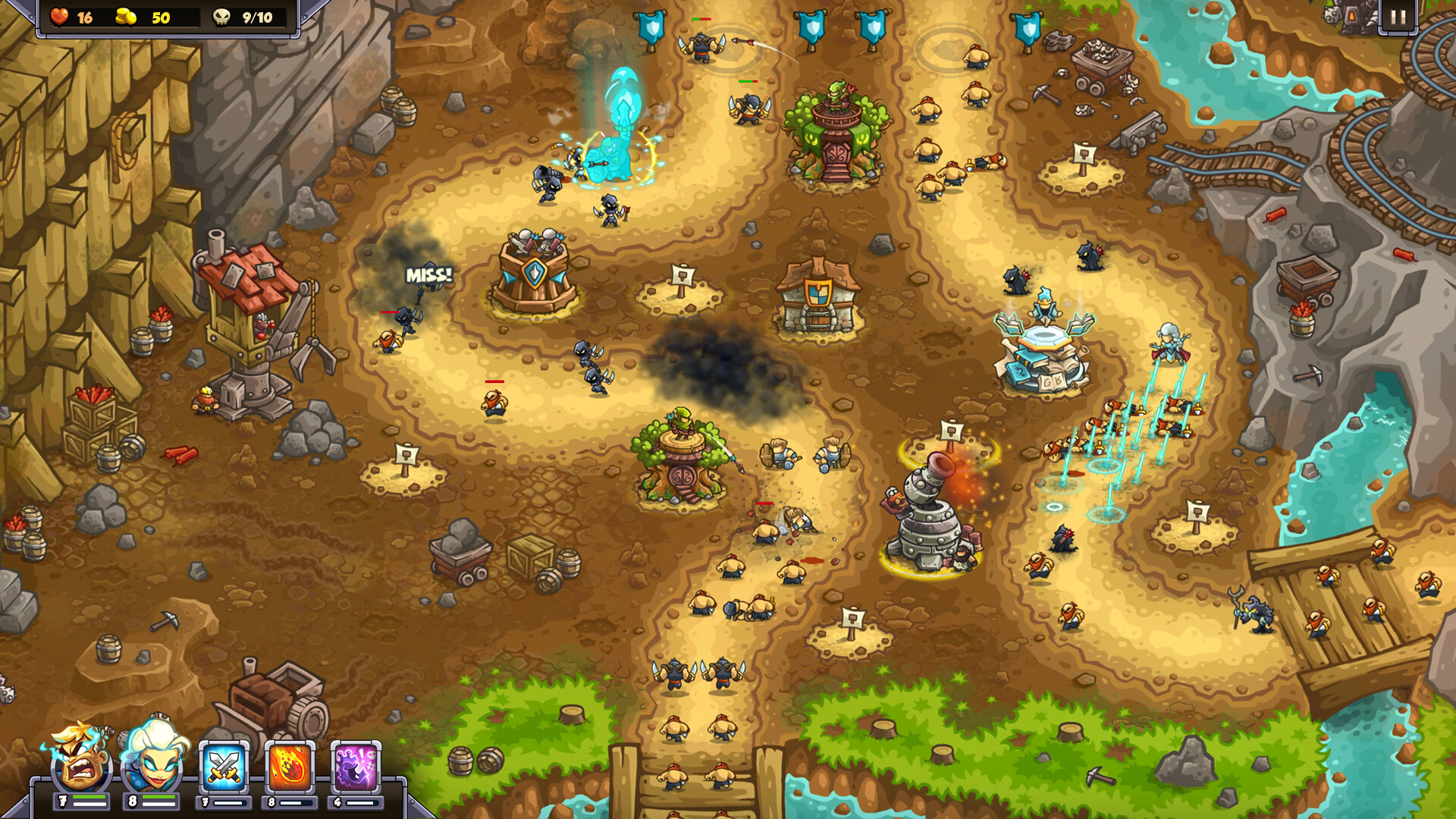 Official Kingdom Rush 6: Genesis Steam still — rocky canyon path with archer, artillery, and mage towers under fire
