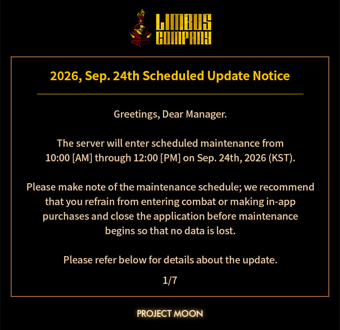 Official Limbus Company Sep. 24 Scheduled Update Notice cover — Project Moon maintenance banner