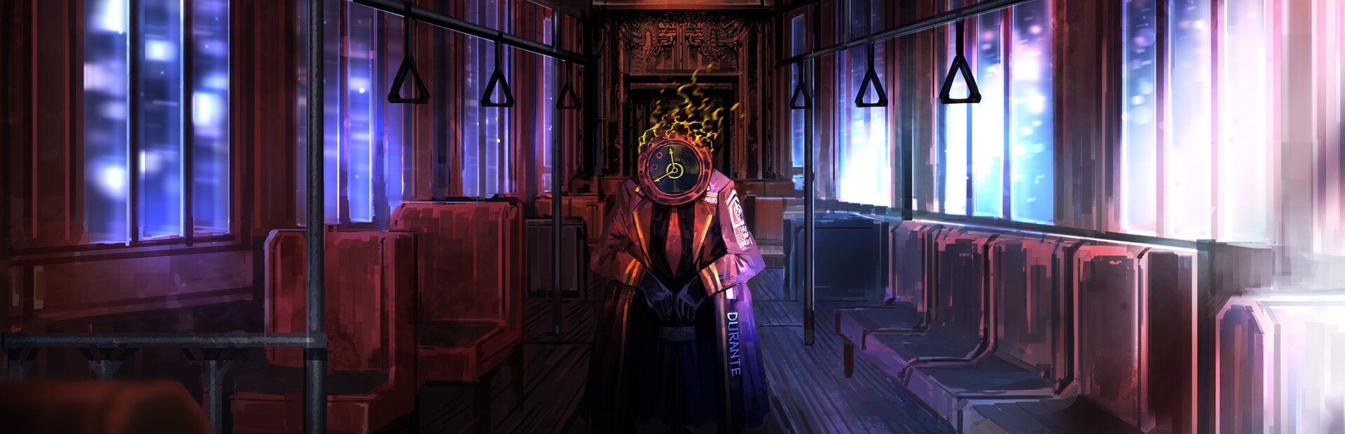 Official Limbus Company Steam library hero — Dante with flaming clock head standing in Mephistopheles’ aisle