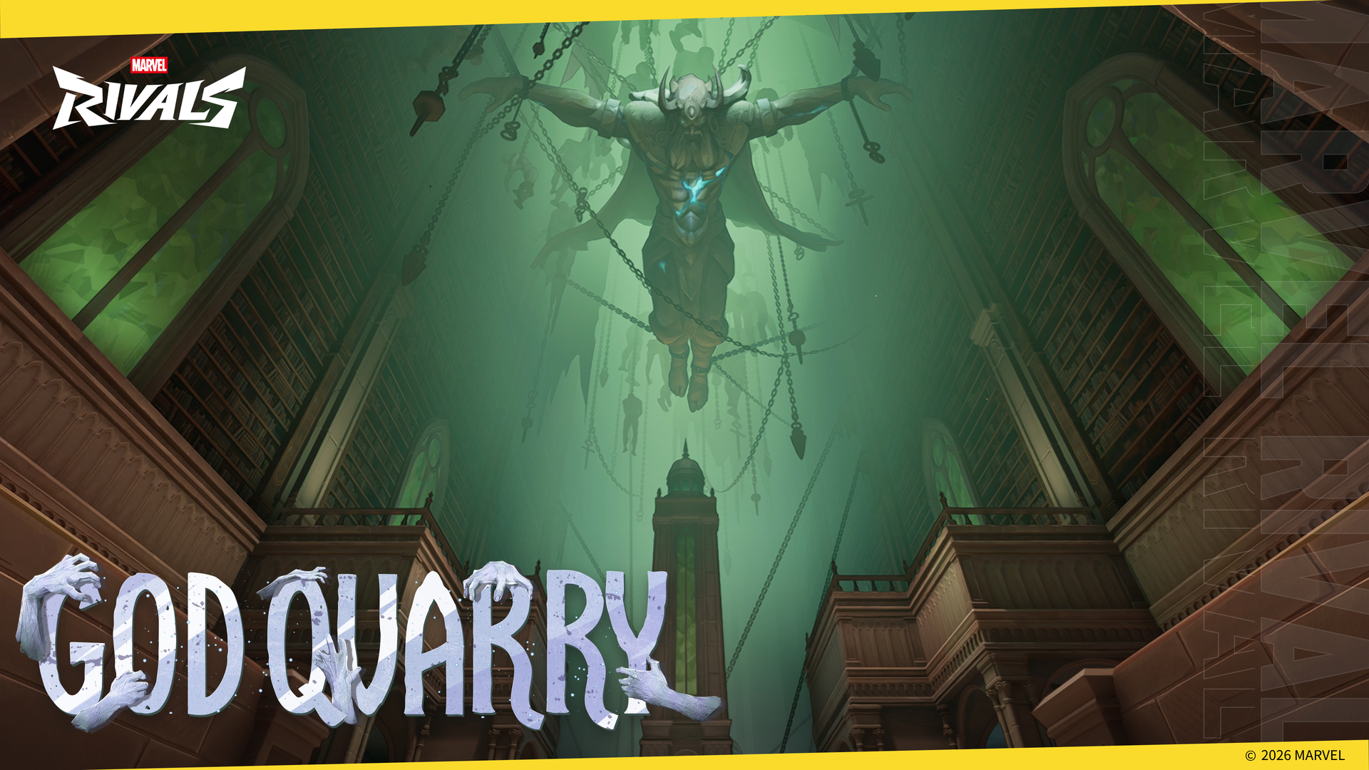 Official Marvel Rivals God Quarry key art — chained celestial figure in Omnipotence City halls under green light, GOD QUARRY title