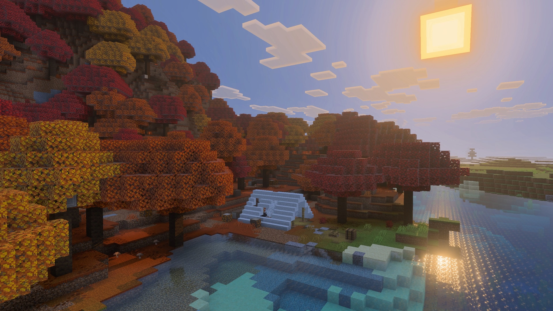 Official Minecraft still — white Abandoned Camp tent on a lakeshore under red-orange Dappled Forest poplars at golden hour