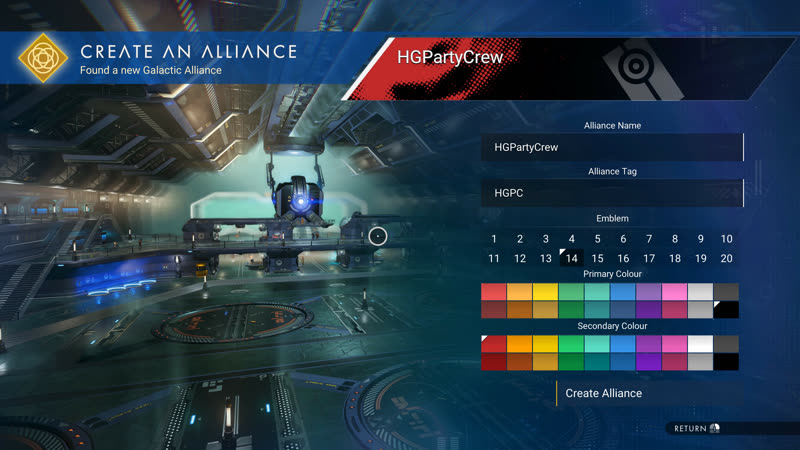 Official No Man’s Sky Cosmos UI still — Create Alliance banner and name flow for Station Directors