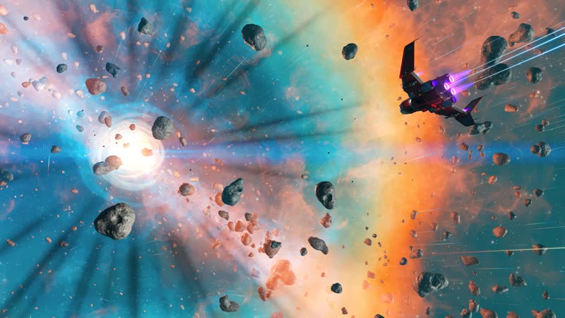 Official No Man’s Sky Cosmos still — dense asteroid belt with mining traffic in deep space