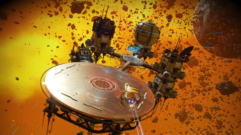 Official No Man’s Sky Cosmos still — deep-space outpost against a planetary backdrop