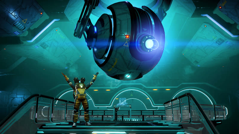 Official No Man’s Sky Cosmos still — Traveller inside a decorated space station lobby under Station Directorship