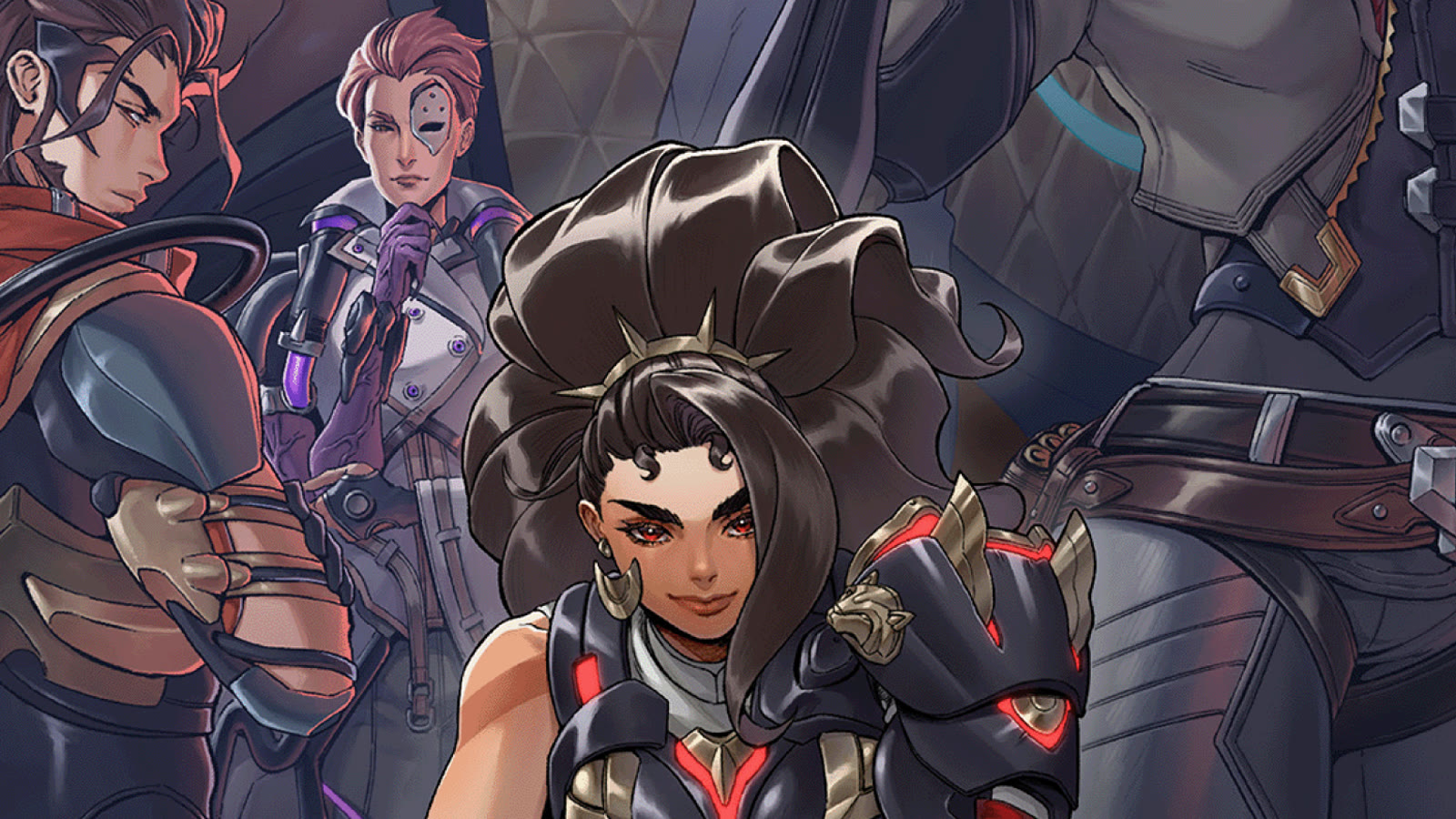 Official Overwatch key art — heroes locked in a night fight under neon and muzzle flash