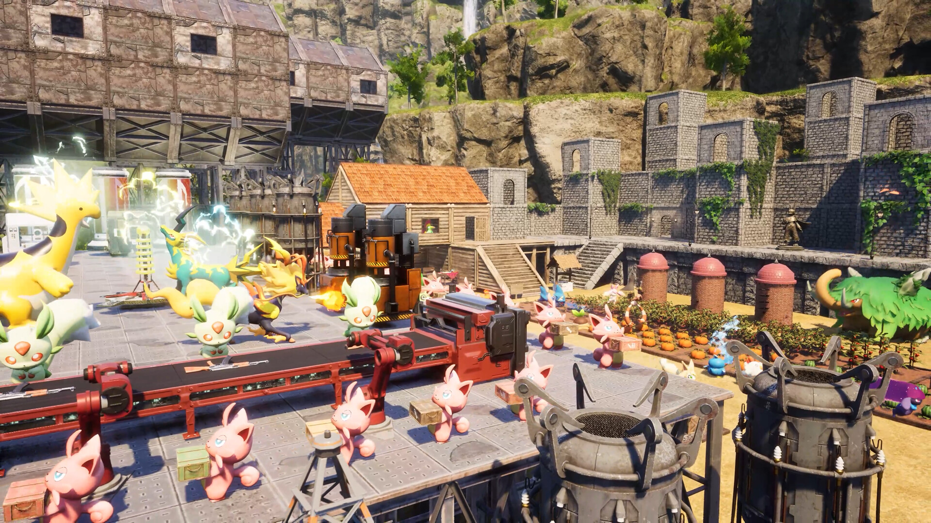 Official Palworld Steam still — automated base with Cattiva hauling crates past a rifle assembly line and stone fortifications